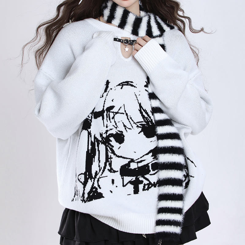 Lockerer Pullover mit Schal und Cartoon-Mädchen-Print - image 5