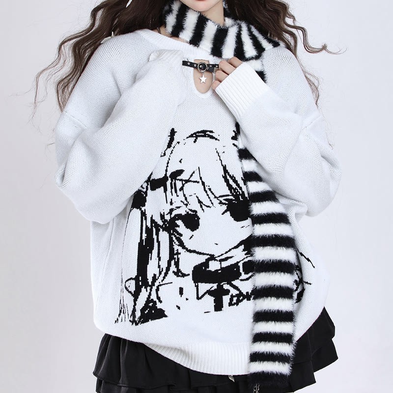 Lockerer Pullover mit Schal und Cartoon-Mädchen-Print - image 5