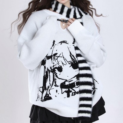 Lockerer Pullover mit Schal und Cartoon-Mädchen-Print - image 5