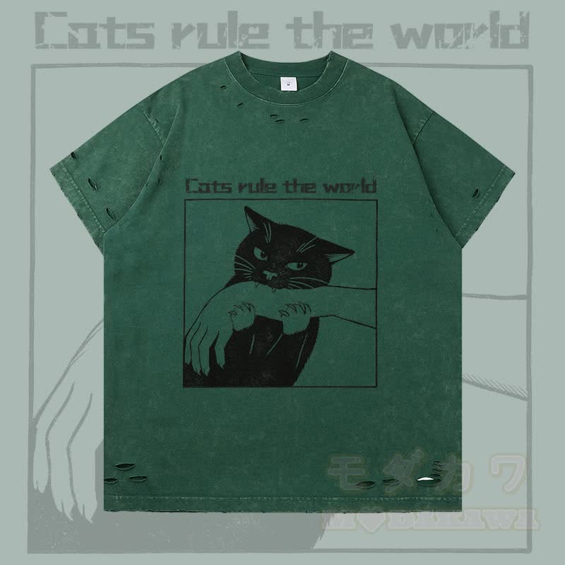 Katzen regieren die Welt – Modakawa T-Shirt mit schwarzer Katzengrafik und Rissen - Dunkelgrün - 2XL - image 3