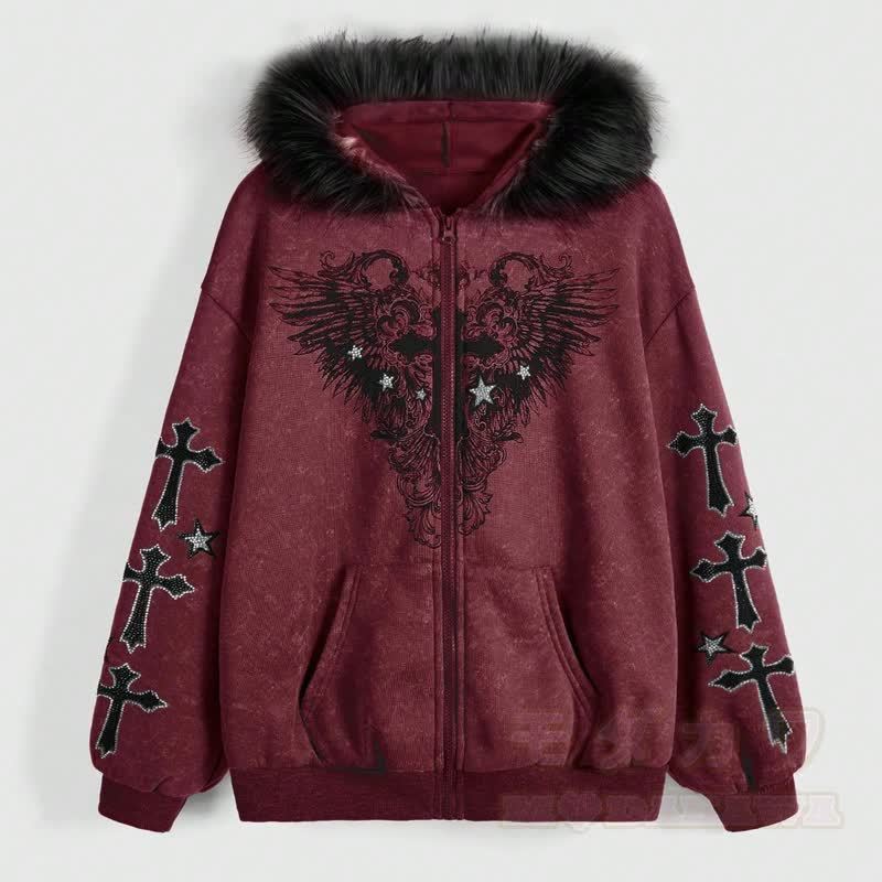 Gothic-Kapuzenjacke mit Pelzbesatz, gekreuztem Flügelmuster und Reißverschluss - Rot - XL - image 9