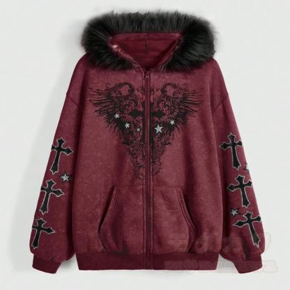 Gothic-Kapuzenjacke mit Pelzbesatz, gekreuztem Flügelmuster und Reißverschluss - Rot - XL - image 9