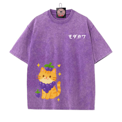 MODAKAWA Vintage Washed T-Shirt mit Trauben-Kätzchen-Print - Lila - 5XL - image 5