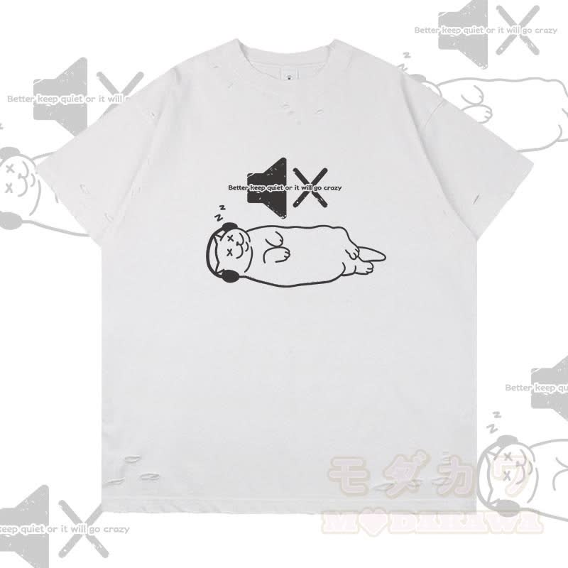 Modakawa T-Shirt mit Schlafkatzen-Grafik und Rissen - Weiß - 2XL - image 3