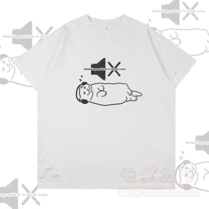 Modakawa T-Shirt mit Schlafkatzen-Grafik und Rissen - Weiß - 2XL - image 3