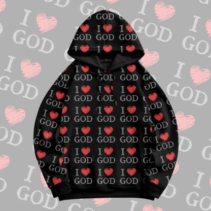 MODAKAWA „ I Love God“ Pullover-Hoodie mit Allover-Print - Black - 6XL - image 4