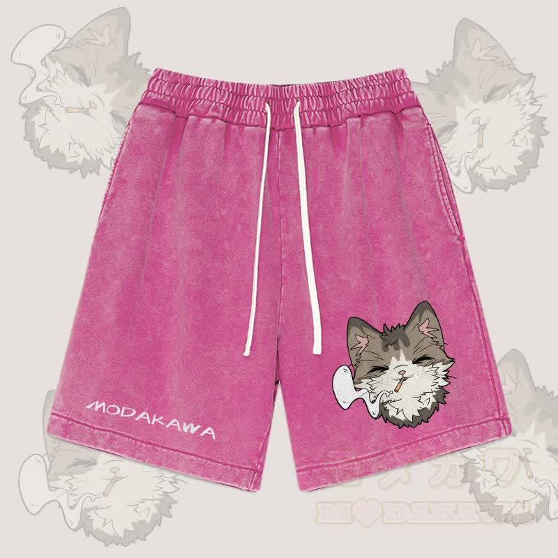 MODAKAWA Smoking Cat Graphic Vintage Washed Streetwear Shorts - Rosenrot - 3XL - image 4
