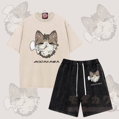 MODAKAWA Smoking Cat Grafik Vintage Washed T-Shirt Shorts Zweiteiliges Set - Aprikose & Schwarz - 3XL - image 8