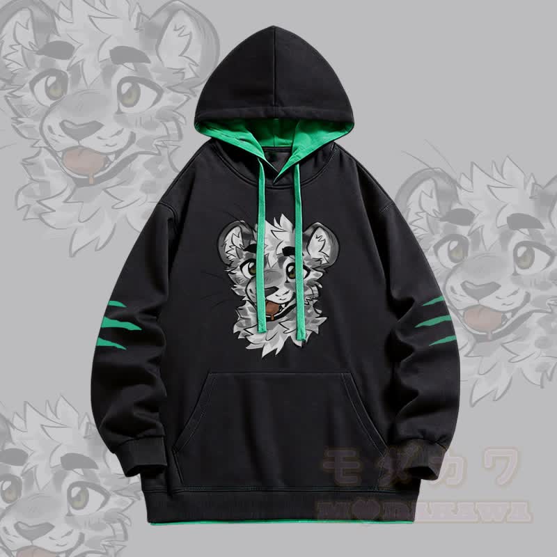 MODAKAWA X atka Frecher Tigergesicht-Grafik-Pullover-Hoodie mit Oversized-Kontrastfutter - Schwarz - 4XL - image 3