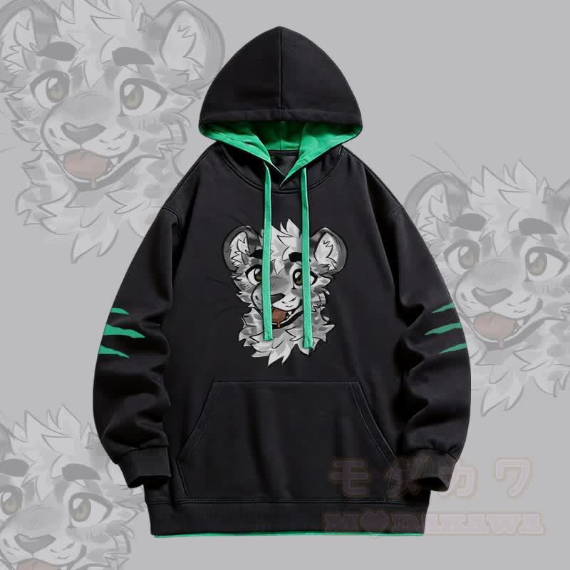 MODAKAWA X atka Frecher Tigergesicht-Grafik-Pullover-Hoodie mit Oversized-Kontrastfutter - Schwarz - 4XL - image 3