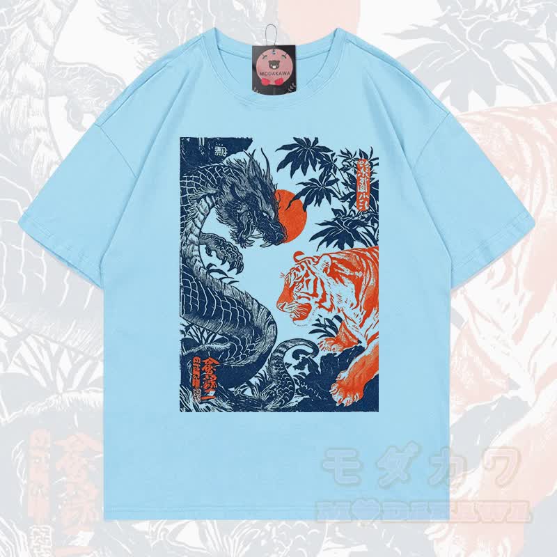 MODAKAWA Sommer-T-Shirt mit Drachen- und Tigerprint, lockere Passform, Kurzarm - Himmelblau - 5XL - image 14