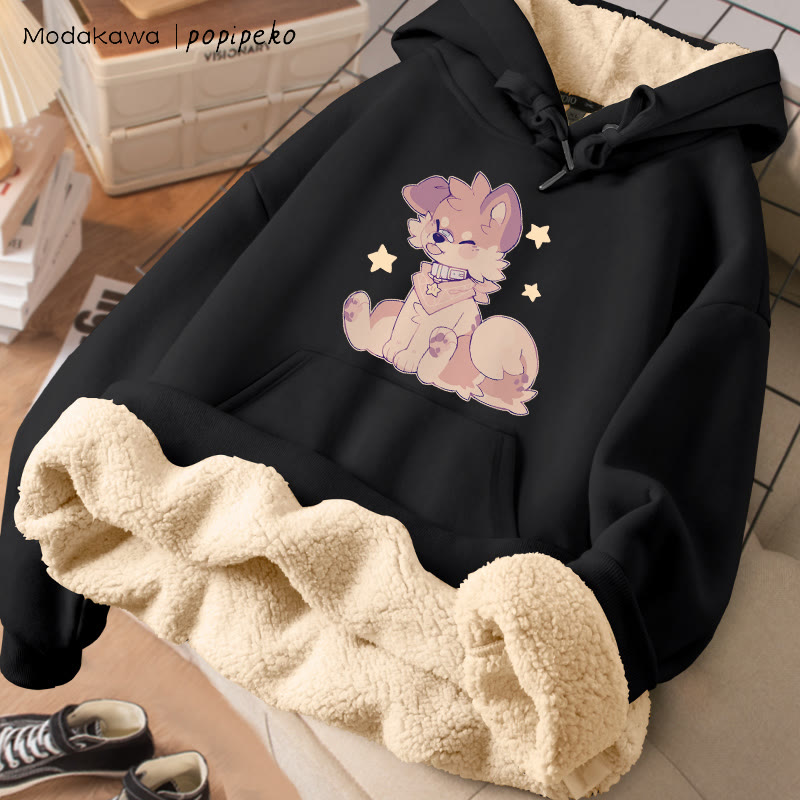 MODAKAWA X popipeko Winterhoodie mit Zunge-raus-Welpenmotiv, dick gefüttert mit Fleece - Black - 2XL - image 5