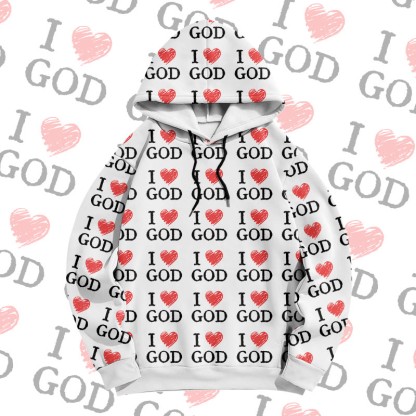 MODAKAWA „ I Love God“ Pullover-Hoodie mit Allover-Print - White - 6XL - image 3