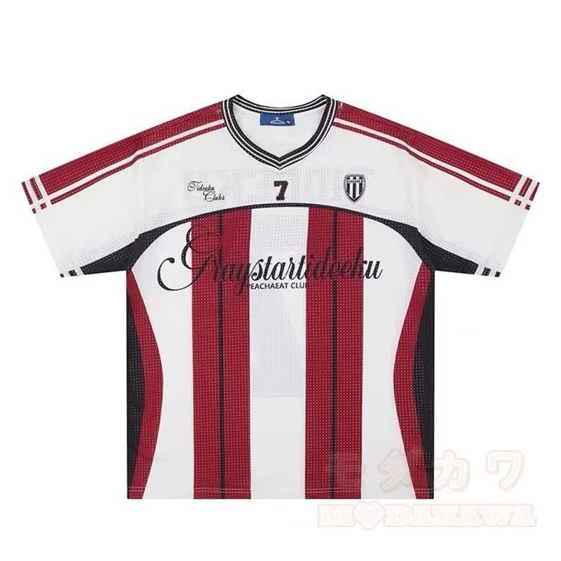 Vintage-T-Shirt aus gestreiftem Mesh-Jersey mit V-Ausschnitt, locker geschnitten und sportlich, kurzärmelig - Rot - 2XL - image 5