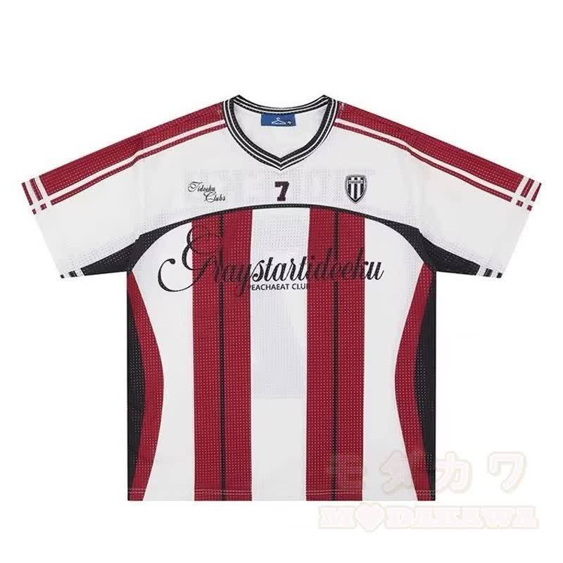 Vintage-T-Shirt aus gestreiftem Mesh-Jersey mit V-Ausschnitt, locker geschnitten und sportlich, kurzärmelig - Rot - 2XL - image 5