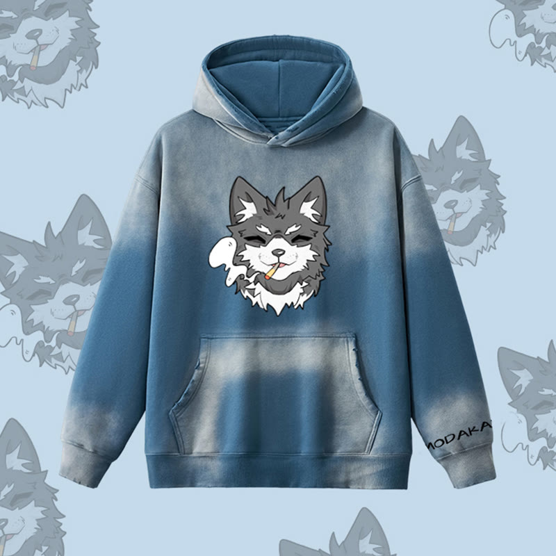 MODAKAWA Kapuzenpullover mit Raucherwelpen-Motiv, Vintage-Waschung, Fleece-Futter - Dark Blue - 2XL - image 4