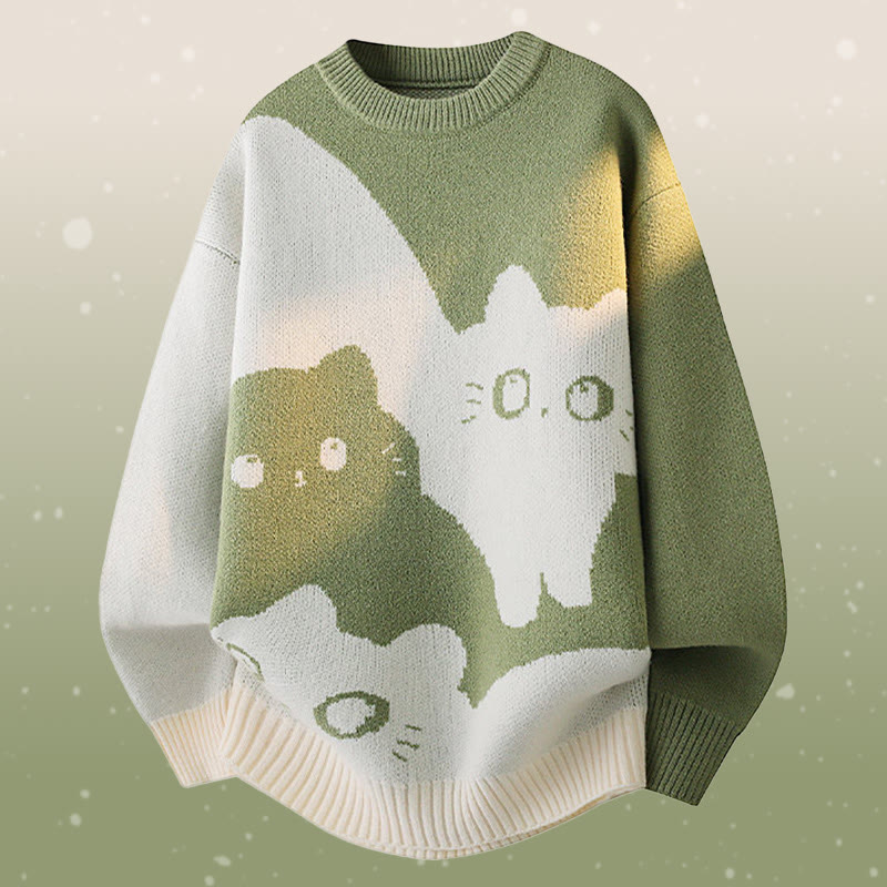 Zweiteiler mit Katzenmotiv, Strickpullover und Blumen-Cargohose - Green Sweater - 2XL - image 5