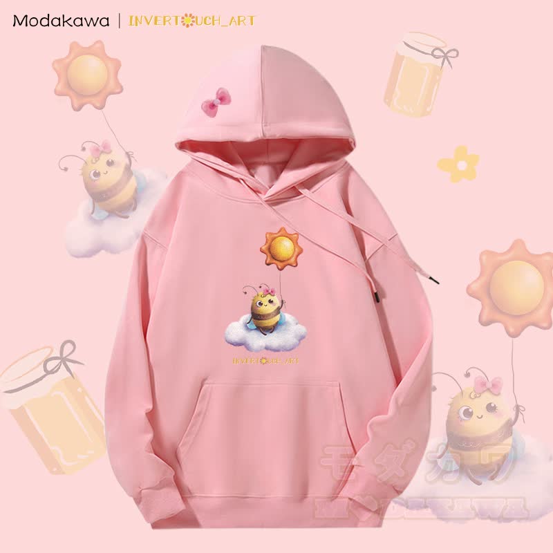 MODAKAWA X INVERTOUCH_ART Kapuzenpullover mit Sonnenbienen-Motiv und Fleece-Futter - Rosa - 5XL - image 4