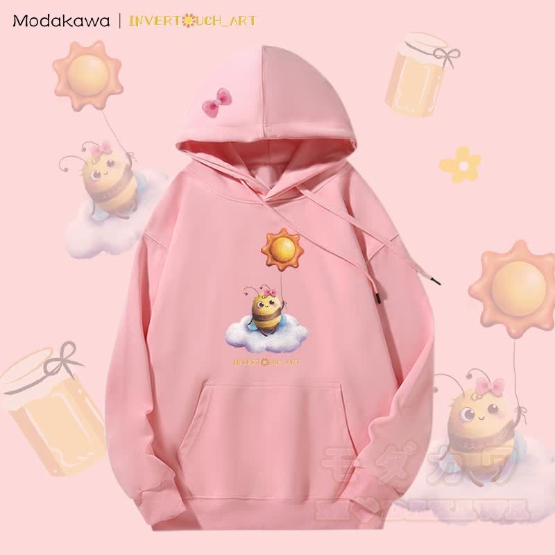 MODAKAWA X INVERTOUCH_ART Kapuzenpullover mit Sonnenbienen-Motiv und Fleece-Futter - Rosa - 5XL - image 4