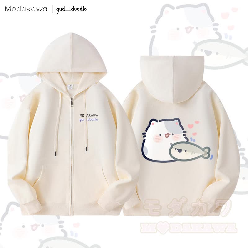 MODAKAWA x gud_doodle Kitty and Fish Graphic Fleece Lined Zip Up Hoodie Sweatshirt - Beige - 5XL - image 4