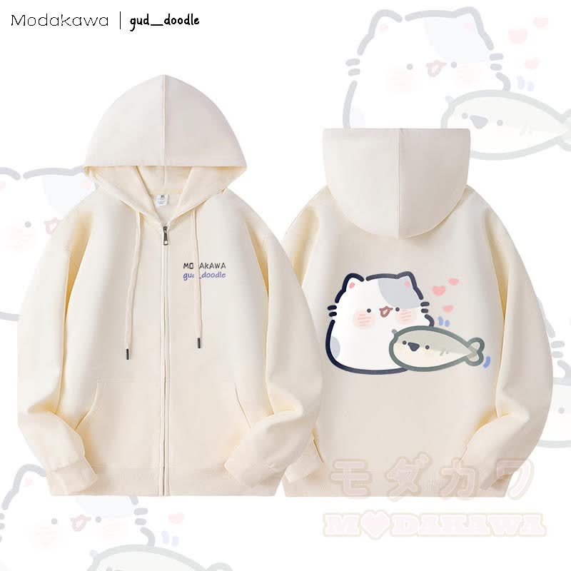 MODAKAWA x gud_doodle Kitty and Fish Graphic Fleece Lined Zip Up Hoodie Sweatshirt - Beige - 5XL - image 4