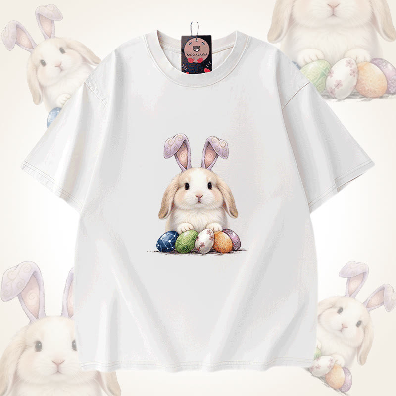 Modakawa Unisex Vintage Washed T-Shirt mit Osterhasen-Motiv - White - 5XL - image 9