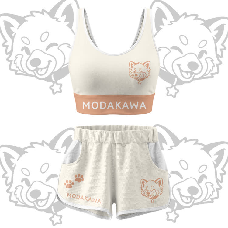 Wink Puppy Grafik Crop Tank Tank Sport Top Shorts Bikini Modakawa passendes Outfit - Beige Set - 5XL - image 15