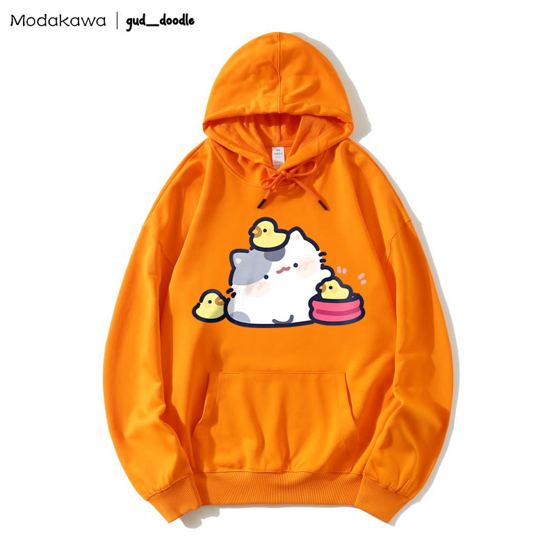 MODAKAWA X gud_doodle Kitty Chick Print Loose Hoodie - Orange - 5XL - image 7