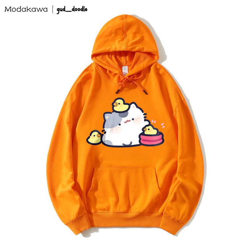 MODAKAWA X gud_doodle Kitty Chick Print Loose Hoodie - Orange - 5XL - image 7