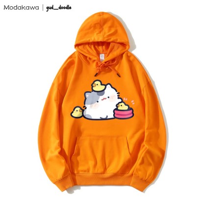 MODAKAWA X gud_doodle Kitty Chick Print Loose Hoodie - Orange - 5XL - image 7