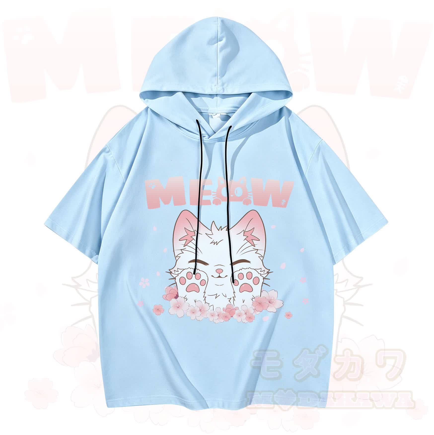 MODAKAWA MEW Anime-Katzen-Grafik-Kurzarm-Hoodie - Himmelblau - 3XL - image 5