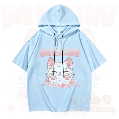 MODAKAWA MEW Anime-Katzen-Grafik-Kurzarm-Hoodie - Himmelblau - 3XL - image 5