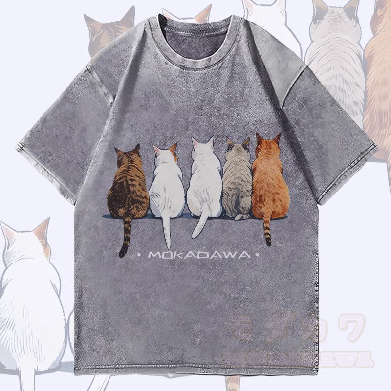 MODAKAWA Katzen sitzen zusammen Grafik Unisex Vintage Washed T-Shirt - Grau - 4XL - image 3