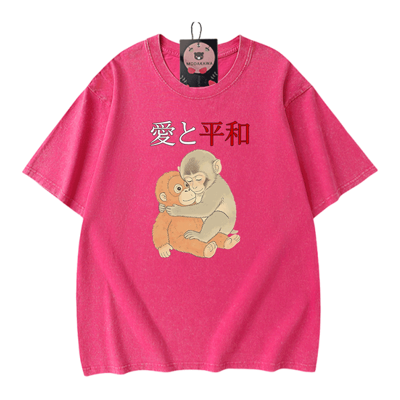 Peace Love Hugging PUNCH Monkey Graphic Modakawa Vintage Washed 100% Cotton T-Shirt - Rose Red - 5XL - image 5