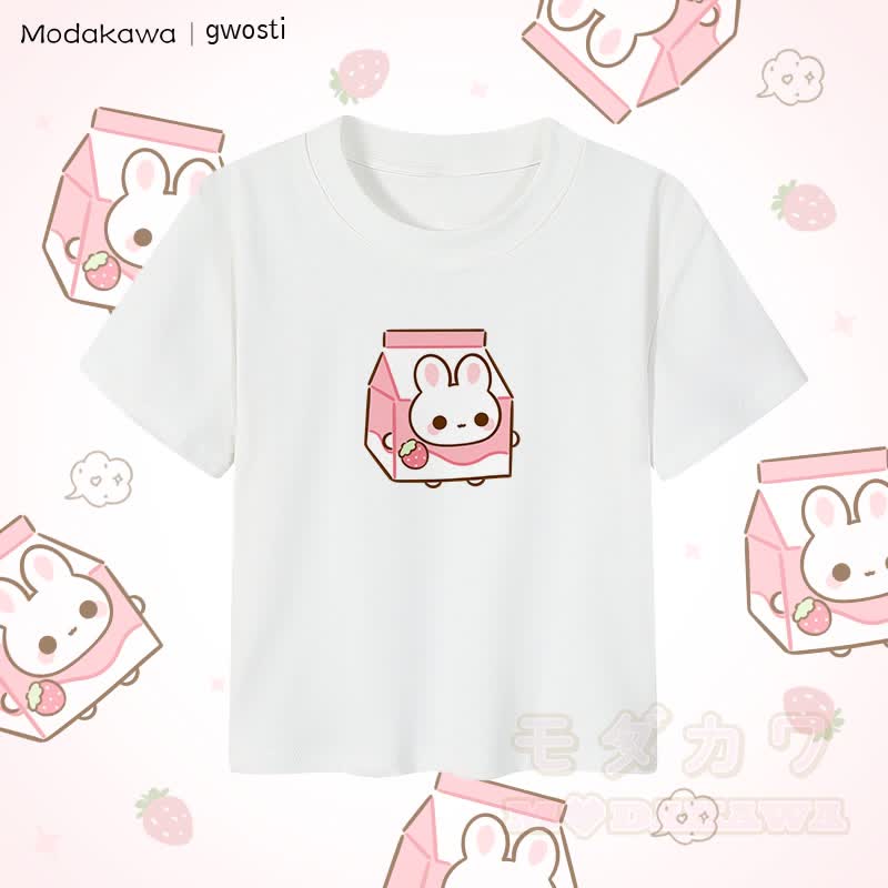MODAKAWA X gwosti Strawbunny Milk Graphic Damen Crop-Top aus 92 % gekämmter Baumwolle - Weiß - XL - image 4