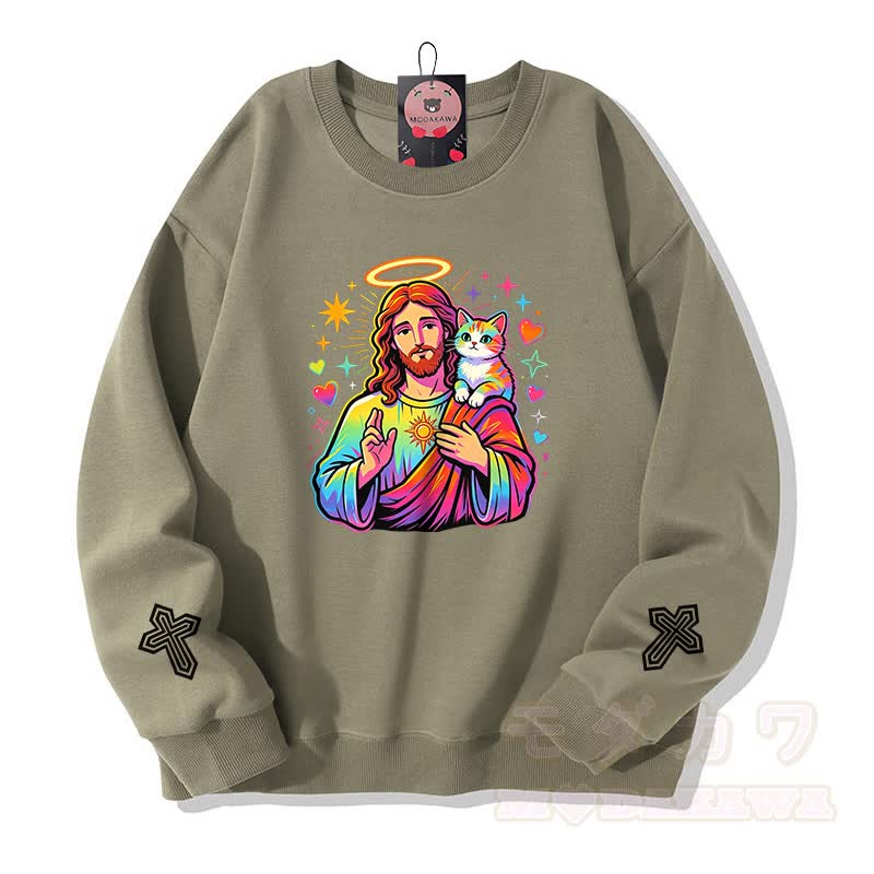 Modakawa Sweatshirt mit Regenbogen-Engel-Gebetskatzen-Kreuz-Grafik - Hellkhaki - 5XL - image 6
