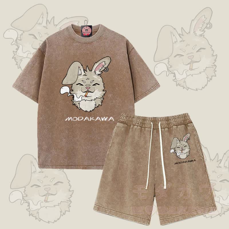 MODAKAWA Smoking Bunny Grafik Vintage Washed T-Shirt Shorts Zweiteiliges Set - Braun - 3XL - image 7