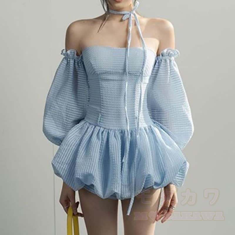 Süßes trägerloses, gerafftes Minikleid mit hohem Bund und ausgestelltem Rock - Blau - L - image 7
