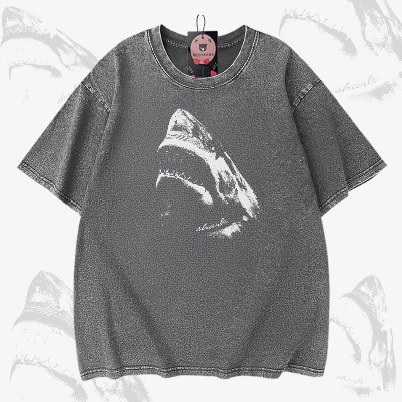 Modakawa Unisex Vintage Washed T-Shirt mit offenem Maul und Hai-Motiv - Grey - 5XL - image 3