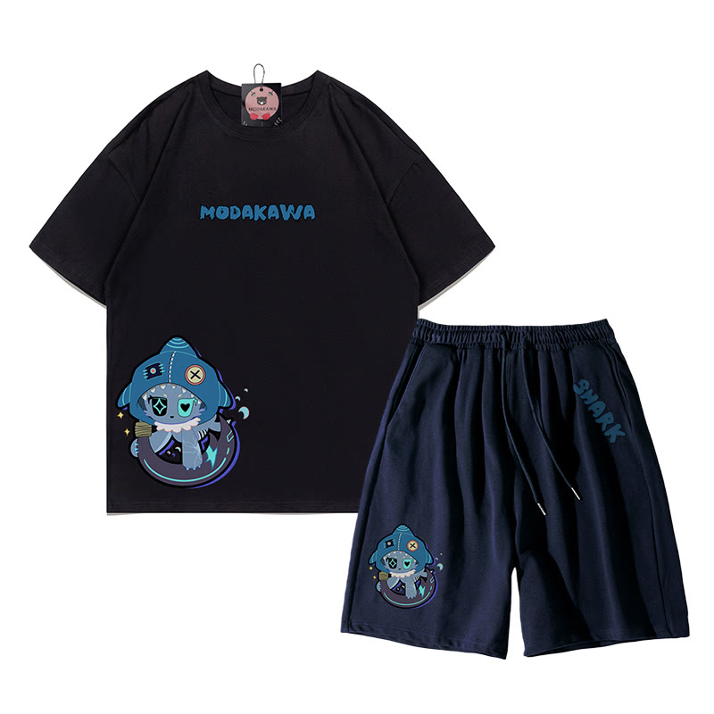 Verspieltes T-Shirt-Shorts-Set mit Hai-Grafik in dunkler Ästhetik, zweiteilig - Schwarz & Violettblau - B - 5XL - image 14