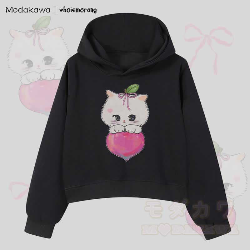 MODAKAWA X whoismorang Katzen- und Fruchtgrafik Cropped Cotton Hoodie - Schwarz - 3XL - image 4