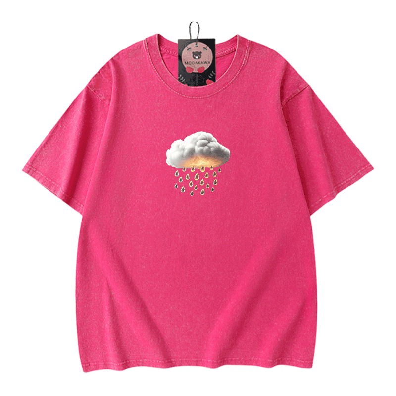Modakawa Unisex Vintage Washed T-Shirt mit Wolkenregen-Grafik - Rose Red - 5XL - image 8