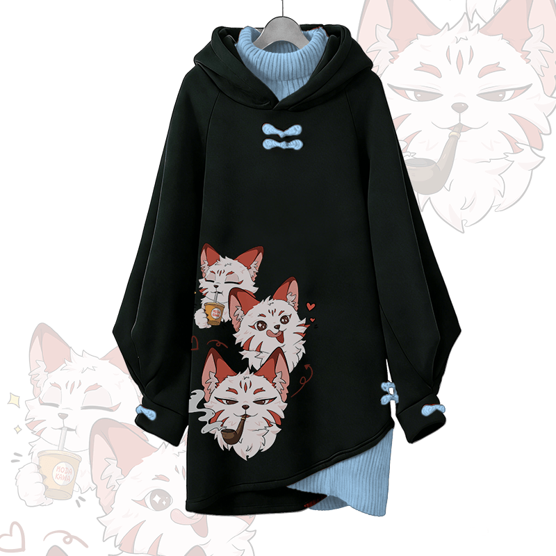 Smoking Red Fox Graphic Modakawa Buckle Vintage Hooded Sweatshirt Dress - Blue - 3XL - image 2