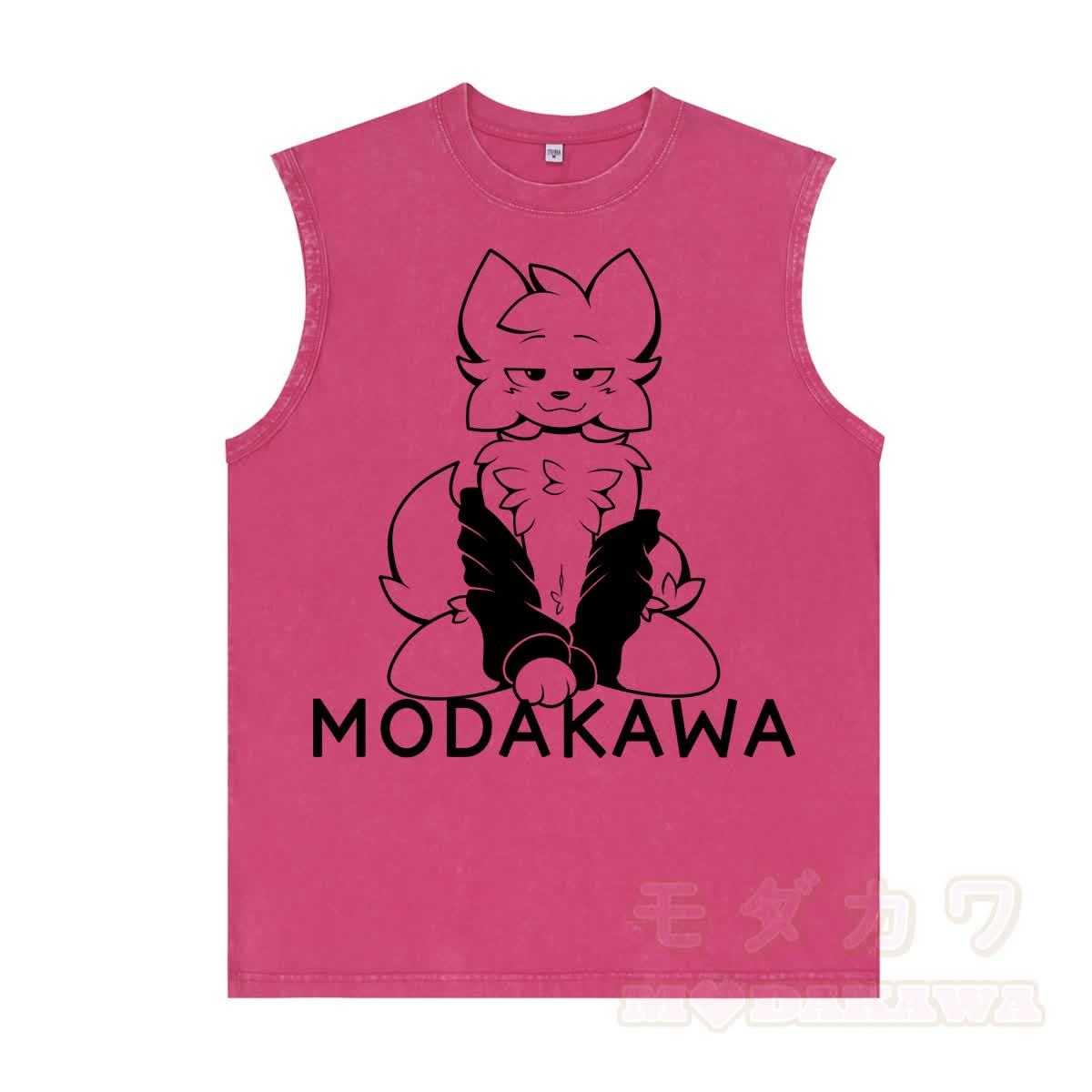 MODAKAWA X zarckets Anime Fox Graphic Unisex Vintage Washed Sleeveless T-shirt - Rosenrot - 2XL - image 5