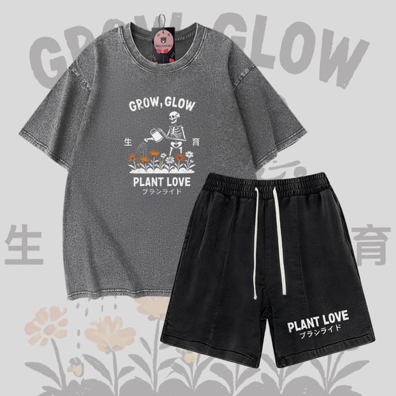 GROW GLOW Skelett-Grafik Vintage-Waschung T-Shirt PLANT LOVE Buchstaben-Grafik Shorts Modakawa Zweiteiliges Set - Grey & Black - 3XL - image 3
