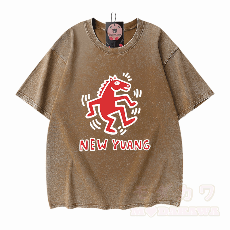 NEUES YUANG Pferde-Grafik Modakawa Unisex Vintage Washed T-Shirt - Braun - 5XL - image 9