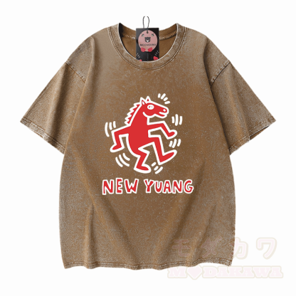 NEUES YUANG Pferde-Grafik Modakawa Unisex Vintage Washed T-Shirt - Braun - 5XL - image 9