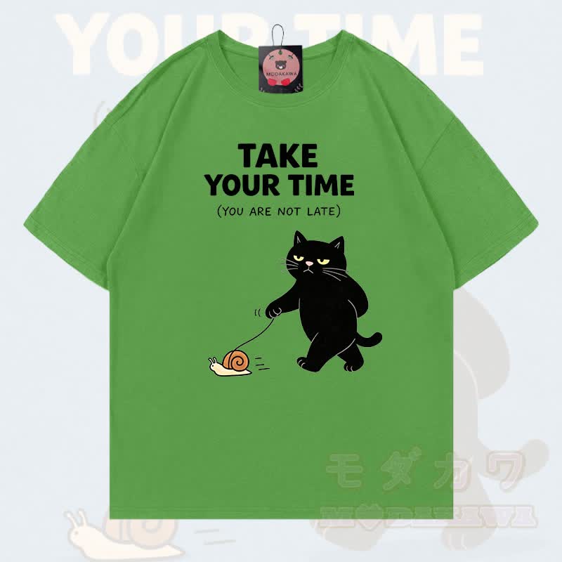 MODAKAWA TAKE YOUR TIME Katzenmotiv T-Shirt aus 100 % Baumwolle - Matcha-Grün - 5XL - image 13