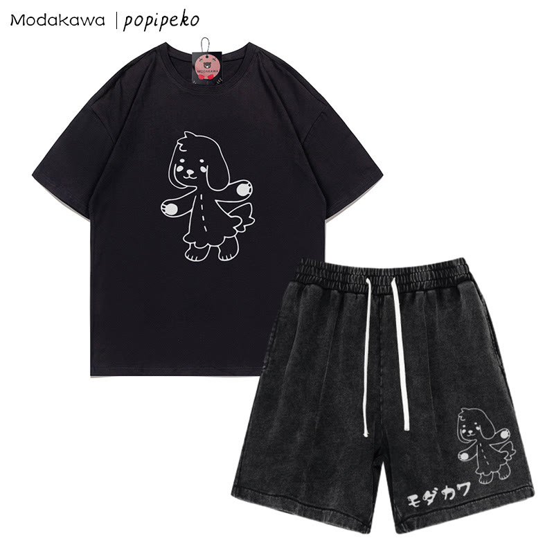Puppy Pookie Grafik-T-Shirt Vintage Washed Shorts Zweiteiliges Set - Black - 3XL - image 7