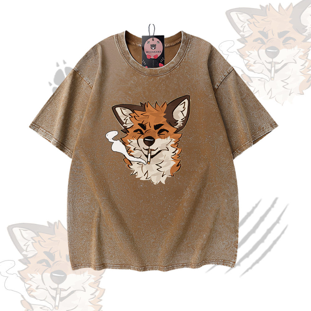 MODAKAWA X atka Smoking Fox Graphic Vintage Washed 100% Cotton T-Shirt Denim Pants Matching Outfit - Brown T-shirt - 2XL - image 6
